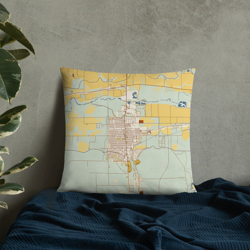 Custom Lamar Colorado Map Throw Pillow in Woodblock on Bedding Against Wall