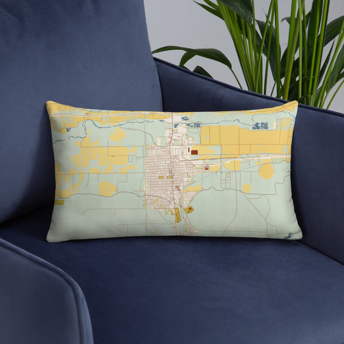 Custom Lamar Colorado Map Throw Pillow in Woodblock on Blue Colored Chair