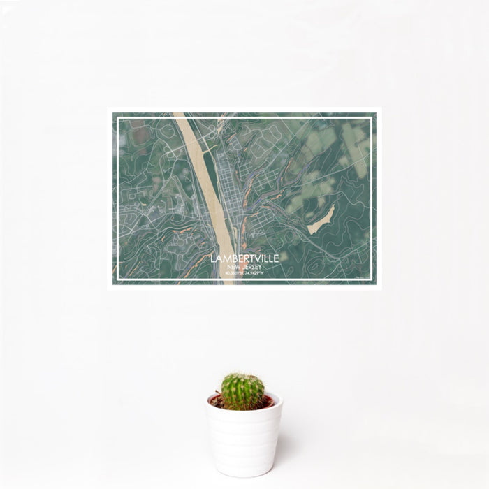 12x18 Lambertville New Jersey Map Print Landscape Orientation in Afternoon Style With Small Cactus Plant in White Planter
