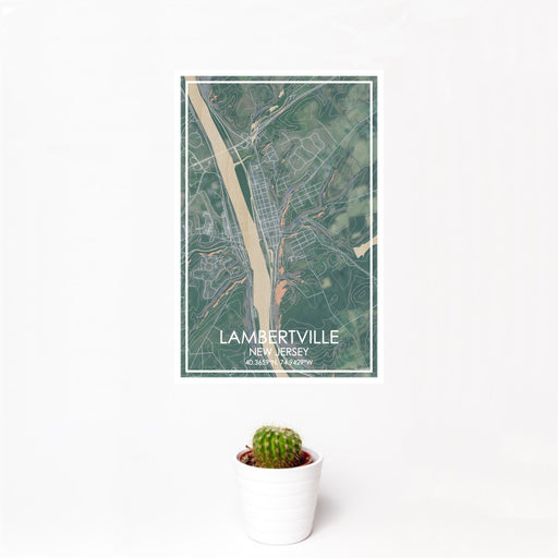 12x18 Lambertville New Jersey Map Print Portrait Orientation in Afternoon Style With Small Cactus Plant in White Planter