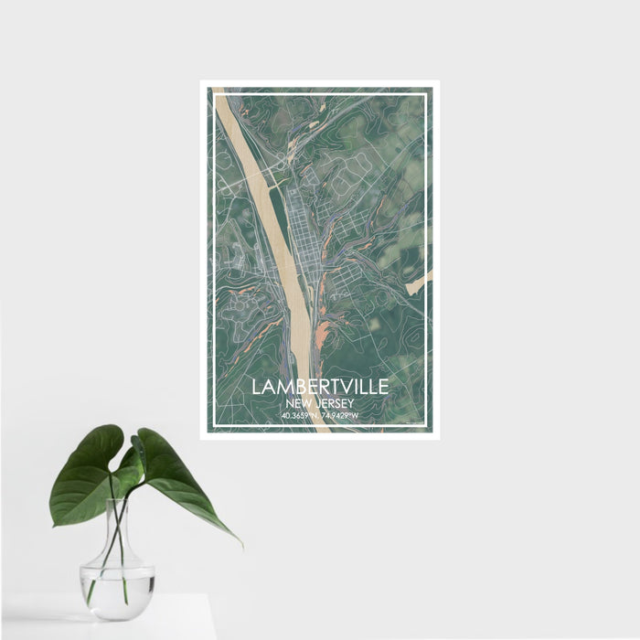 16x24 Lambertville New Jersey Map Print Portrait Orientation in Afternoon Style With Tropical Plant Leaves in Water