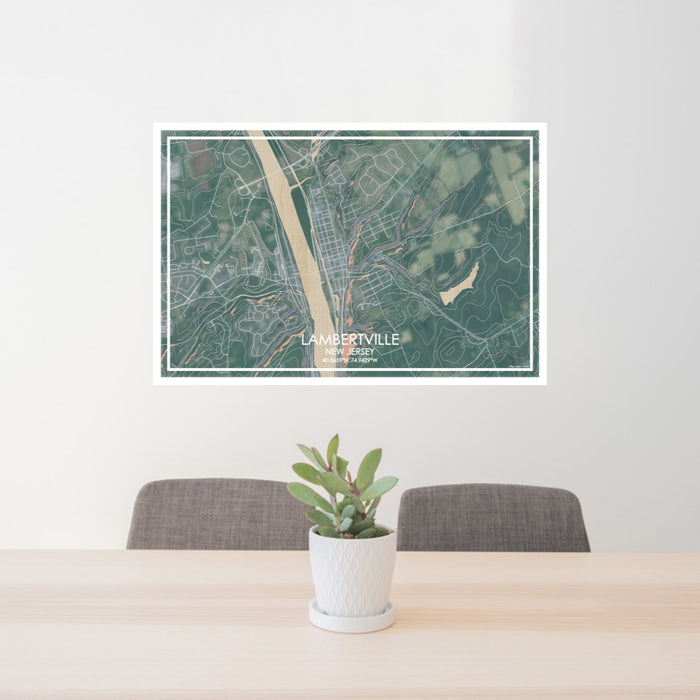 24x36 Lambertville New Jersey Map Print Lanscape Orientation in Afternoon Style Behind 2 Chairs Table and Potted Plant