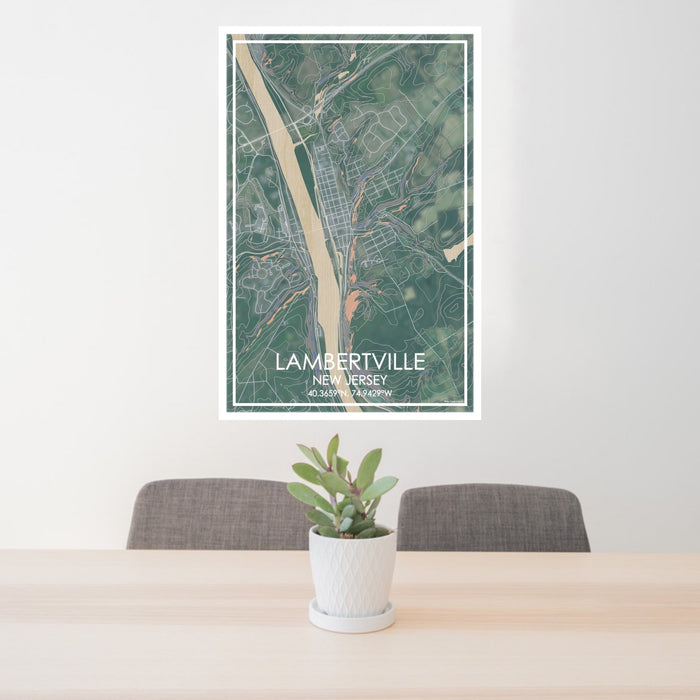 24x36 Lambertville New Jersey Map Print Portrait Orientation in Afternoon Style Behind 2 Chairs Table and Potted Plant