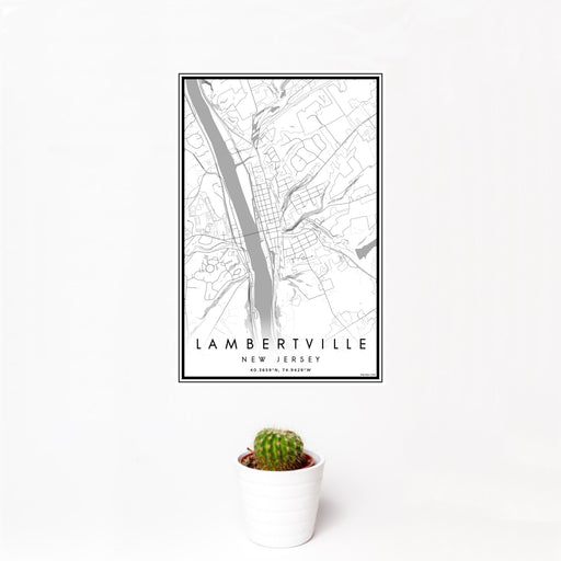 12x18 Lambertville New Jersey Map Print Portrait Orientation in Classic Style With Small Cactus Plant in White Planter