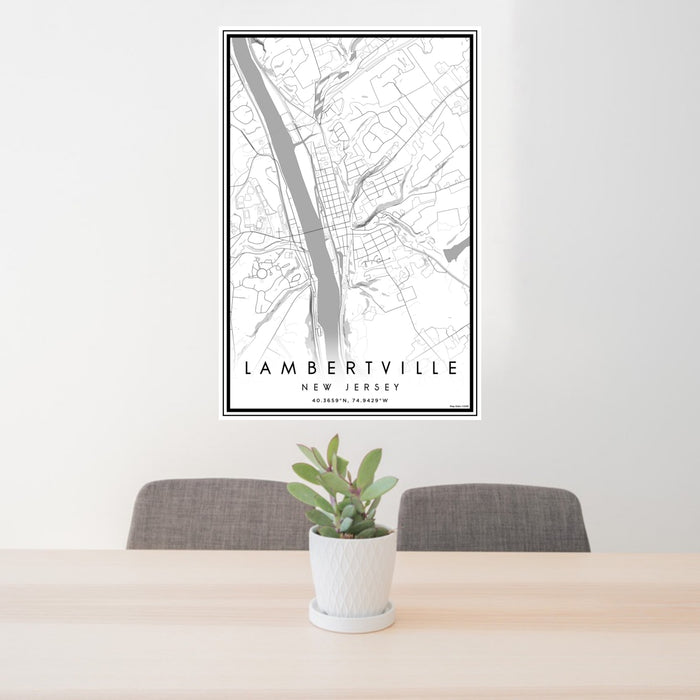 24x36 Lambertville New Jersey Map Print Portrait Orientation in Classic Style Behind 2 Chairs Table and Potted Plant