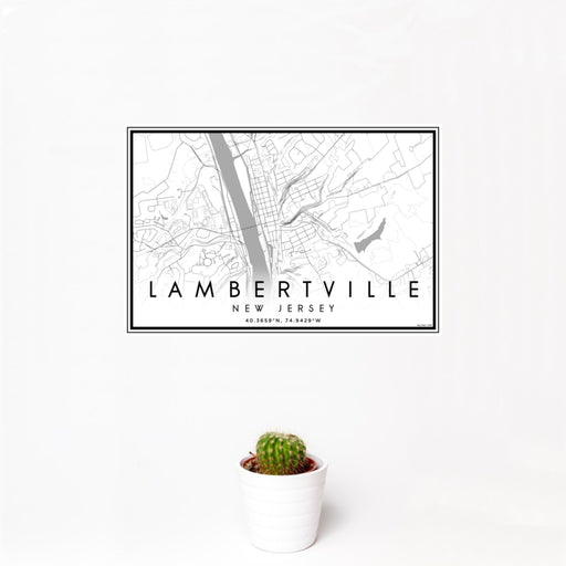 12x18 Lambertville New Jersey Map Print Landscape Orientation in Classic Style With Small Cactus Plant in White Planter