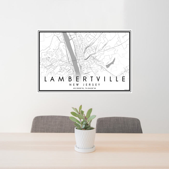 24x36 Lambertville New Jersey Map Print Landscape Orientation in Classic Style Behind 2 Chairs Table and Potted Plant
