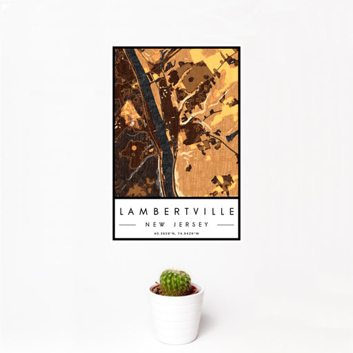 12x18 Lambertville New Jersey Map Print Portrait Orientation in Ember Style With Small Cactus Plant in White Planter