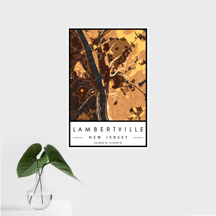 16x24 Lambertville New Jersey Map Print Portrait Orientation in Ember Style With Tropical Plant Leaves in Water