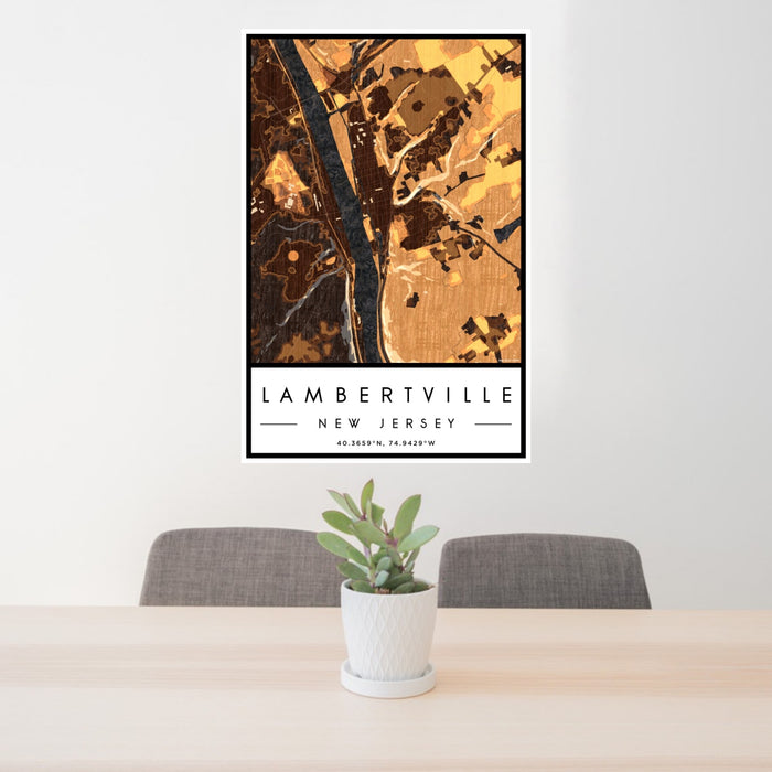 24x36 Lambertville New Jersey Map Print Portrait Orientation in Ember Style Behind 2 Chairs Table and Potted Plant