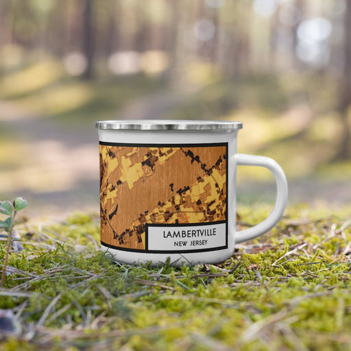 Right View Custom Lambertville New Jersey Map Enamel Mug in Ember on Grass With Trees in Background