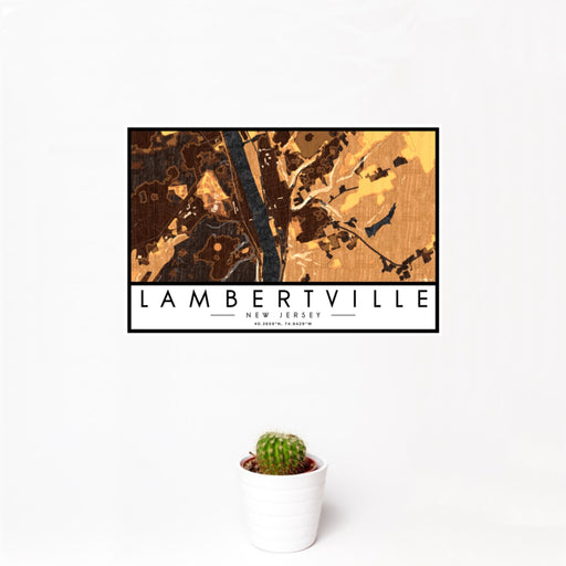 12x18 Lambertville New Jersey Map Print Landscape Orientation in Ember Style With Small Cactus Plant in White Planter