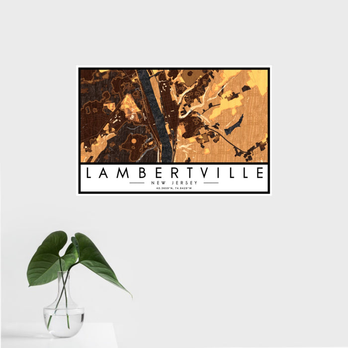 16x24 Lambertville New Jersey Map Print Landscape Orientation in Ember Style With Tropical Plant Leaves in Water