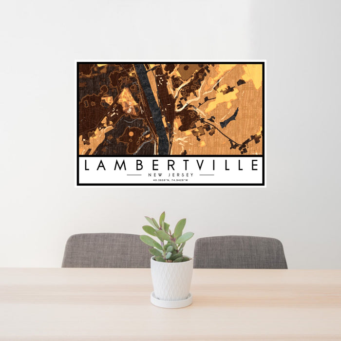 24x36 Lambertville New Jersey Map Print Landscape Orientation in Ember Style Behind 2 Chairs Table and Potted Plant