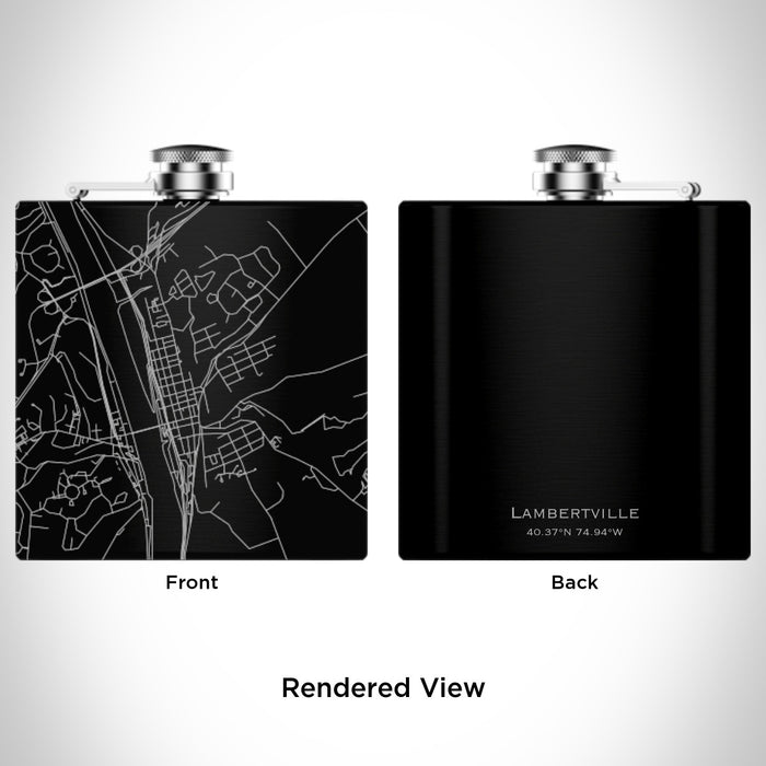 Rendered View of Lambertville New Jersey Map Engraving on 6oz Stainless Steel Flask in Black