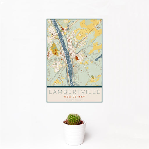 12x18 Lambertville New Jersey Map Print Portrait Orientation in Woodblock Style With Small Cactus Plant in White Planter