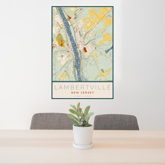 24x36 Lambertville New Jersey Map Print Portrait Orientation in Woodblock Style Behind 2 Chairs Table and Potted Plant