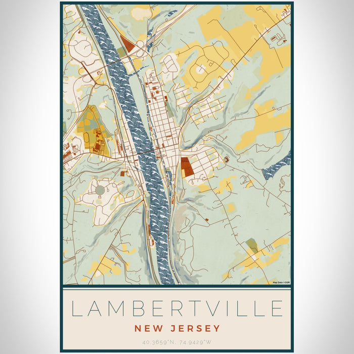 Lambertville New Jersey Map Print Portrait Orientation in Woodblock Style With Shaded Background