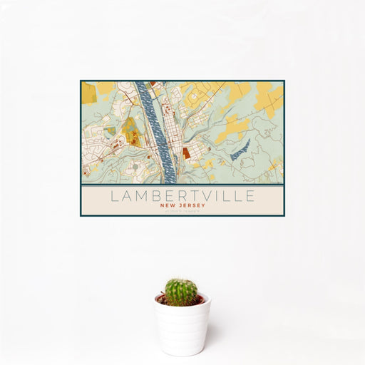 12x18 Lambertville New Jersey Map Print Landscape Orientation in Woodblock Style With Small Cactus Plant in White Planter
