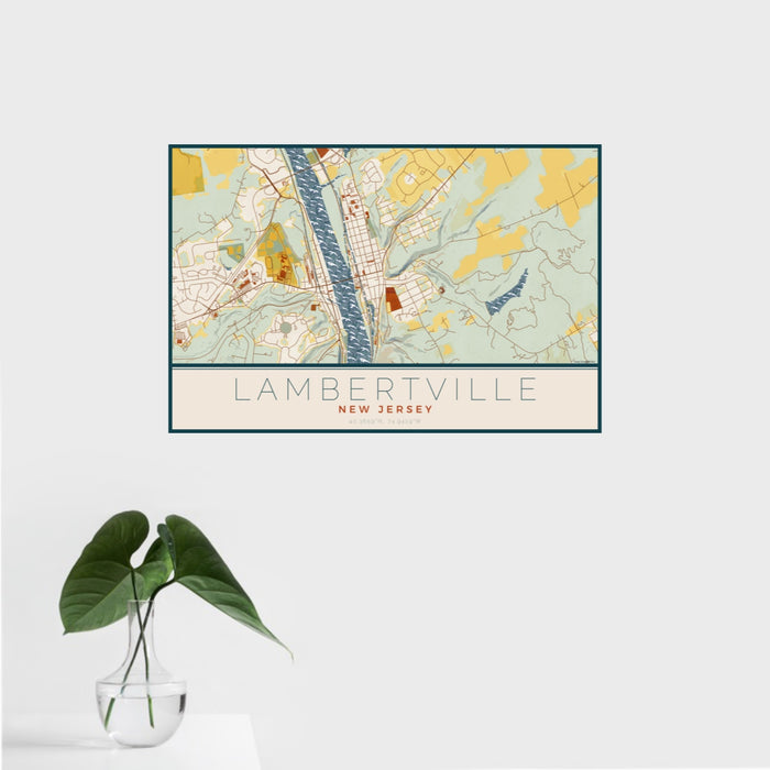 16x24 Lambertville New Jersey Map Print Landscape Orientation in Woodblock Style With Tropical Plant Leaves in Water