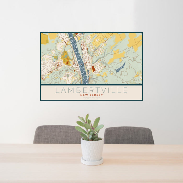 24x36 Lambertville New Jersey Map Print Landscape Orientation in Woodblock Style Behind 2 Chairs Table and Potted Plant