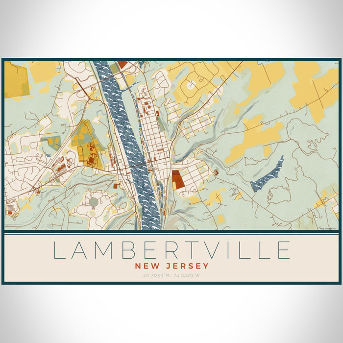 Lambertville New Jersey Map Print Landscape Orientation in Woodblock Style With Shaded Background