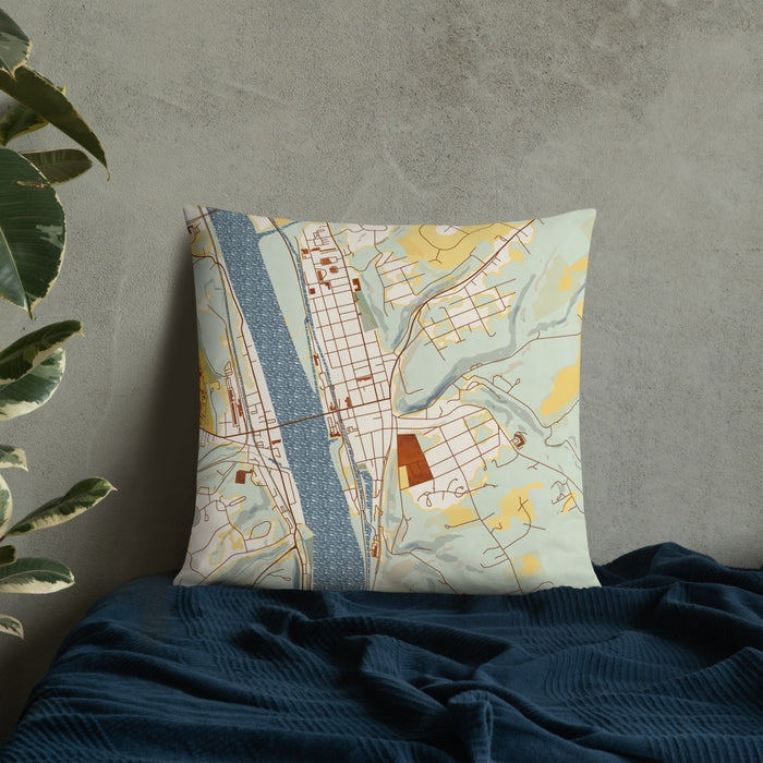 Custom Lambertville New Jersey Map Throw Pillow in Woodblock on Bedding Against Wall