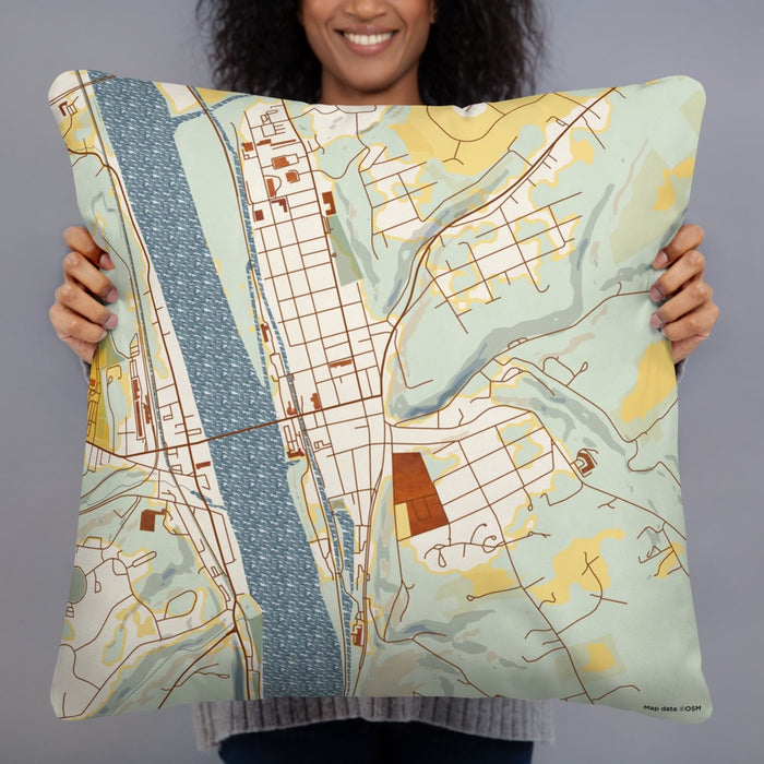 Person holding 22x22 Custom Lambertville New Jersey Map Throw Pillow in Woodblock