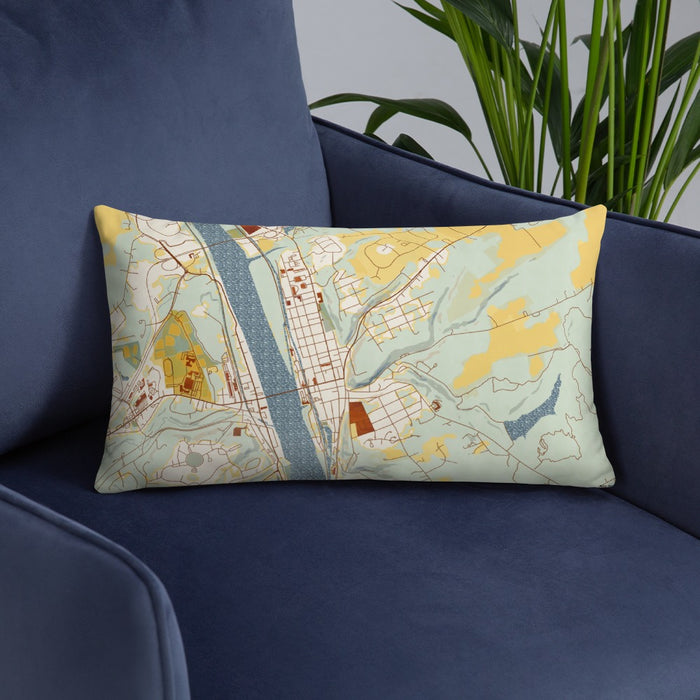 Custom Lambertville New Jersey Map Throw Pillow in Woodblock on Blue Colored Chair