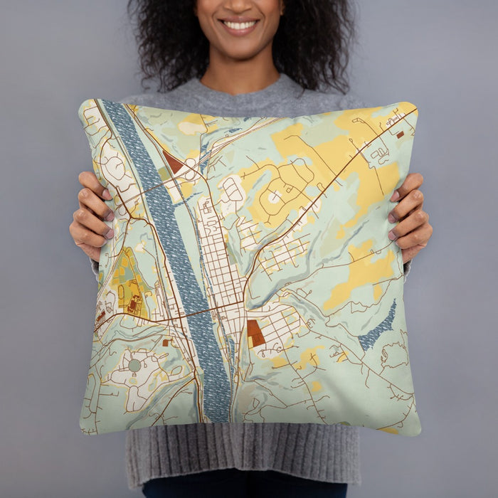 Person holding 18x18 Custom Lambertville New Jersey Map Throw Pillow in Woodblock