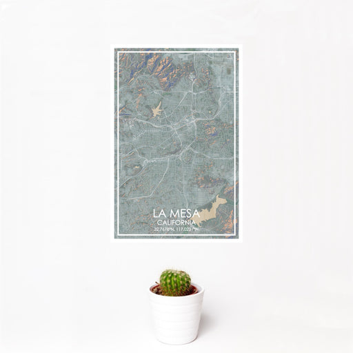 12x18 La Mesa California Map Print Portrait Orientation in Afternoon Style With Small Cactus Plant in White Planter