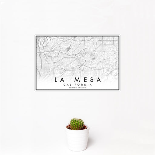 12x18 La Mesa California Map Print Landscape Orientation in Classic Style With Small Cactus Plant in White Planter