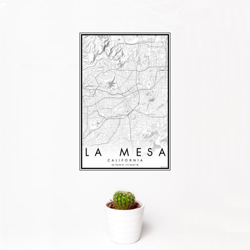 12x18 La Mesa California Map Print Portrait Orientation in Classic Style With Small Cactus Plant in White Planter