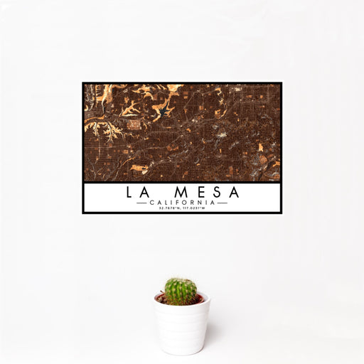 12x18 La Mesa California Map Print Landscape Orientation in Ember Style With Small Cactus Plant in White Planter