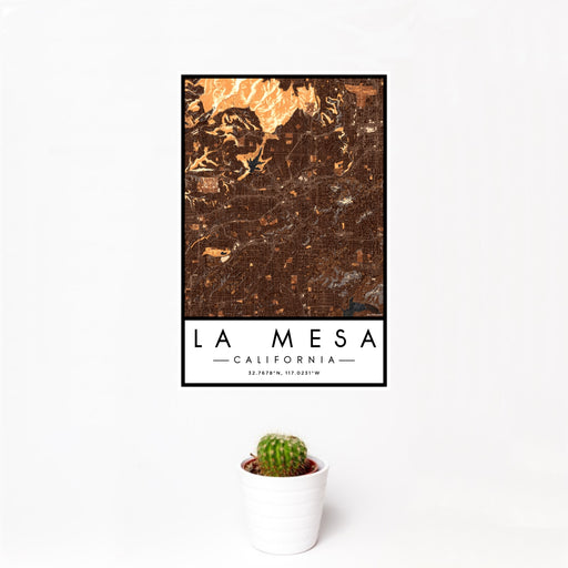 12x18 La Mesa California Map Print Portrait Orientation in Ember Style With Small Cactus Plant in White Planter