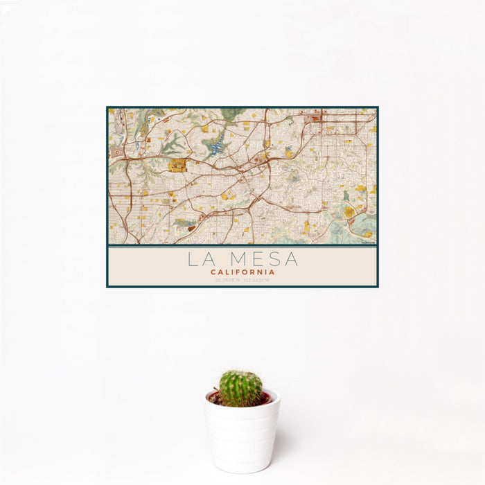 12x18 La Mesa California Map Print Landscape Orientation in Woodblock Style With Small Cactus Plant in White Planter