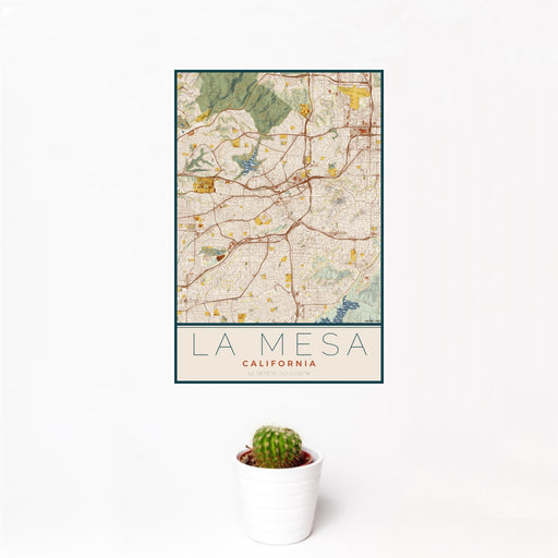 12x18 La Mesa California Map Print Portrait Orientation in Woodblock Style With Small Cactus Plant in White Planter