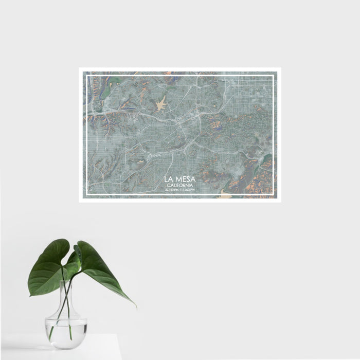 16x24 La Mesa California Map Print Landscape Orientation in Afternoon Style With Tropical Plant Leaves in Water