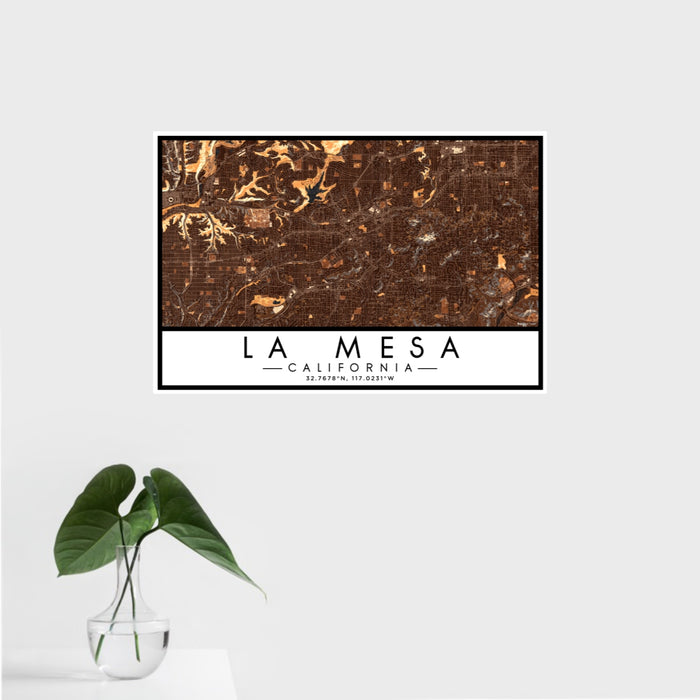 16x24 La Mesa California Map Print Landscape Orientation in Ember Style With Tropical Plant Leaves in Water