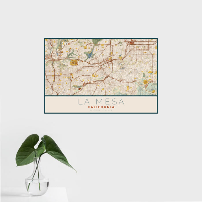 16x24 La Mesa California Map Print Landscape Orientation in Woodblock Style With Tropical Plant Leaves in Water