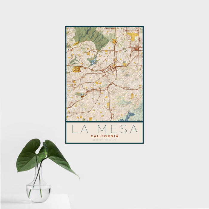 16x24 La Mesa California Map Print Portrait Orientation in Woodblock Style With Tropical Plant Leaves in Water