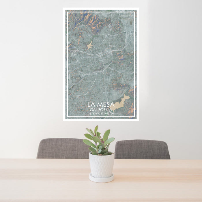 24x36 La Mesa California Map Print Portrait Orientation in Afternoon Style Behind 2 Chairs Table and Potted Plant