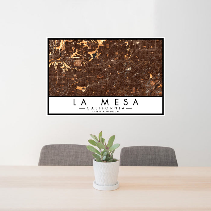 24x36 La Mesa California Map Print Lanscape Orientation in Ember Style Behind 2 Chairs Table and Potted Plant
