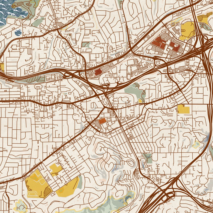La Mesa California Map Print in Woodblock Style Zoomed In Close Up Showing Details