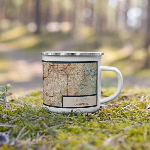 Right View Custom La Mesa California Map Enamel Mug in Woodblock on Grass With Trees in Background