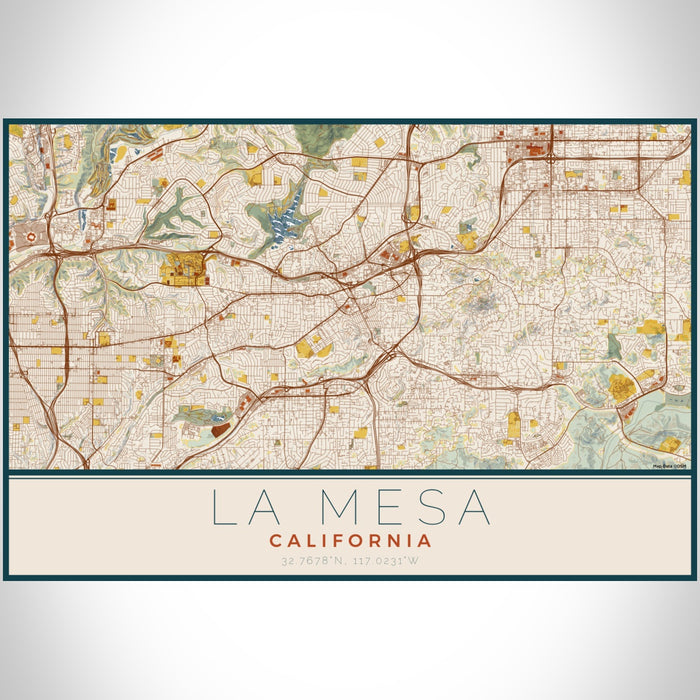 La Mesa California Map Print Landscape Orientation in Woodblock Style With Shaded Background