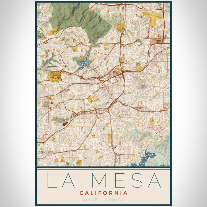 La Mesa California Map Print Portrait Orientation in Woodblock Style With Shaded Background
