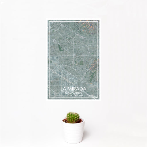 12x18 La Mirada California Map Print Portrait Orientation in Afternoon Style With Small Cactus Plant in White Planter