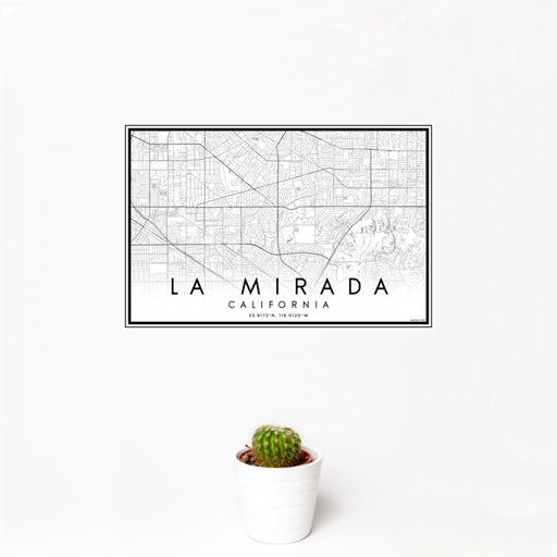 12x18 La Mirada California Map Print Landscape Orientation in Classic Style With Small Cactus Plant in White Planter