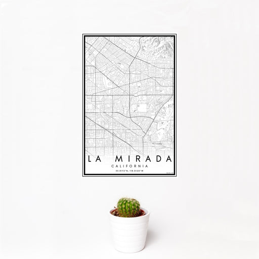 12x18 La Mirada California Map Print Portrait Orientation in Classic Style With Small Cactus Plant in White Planter
